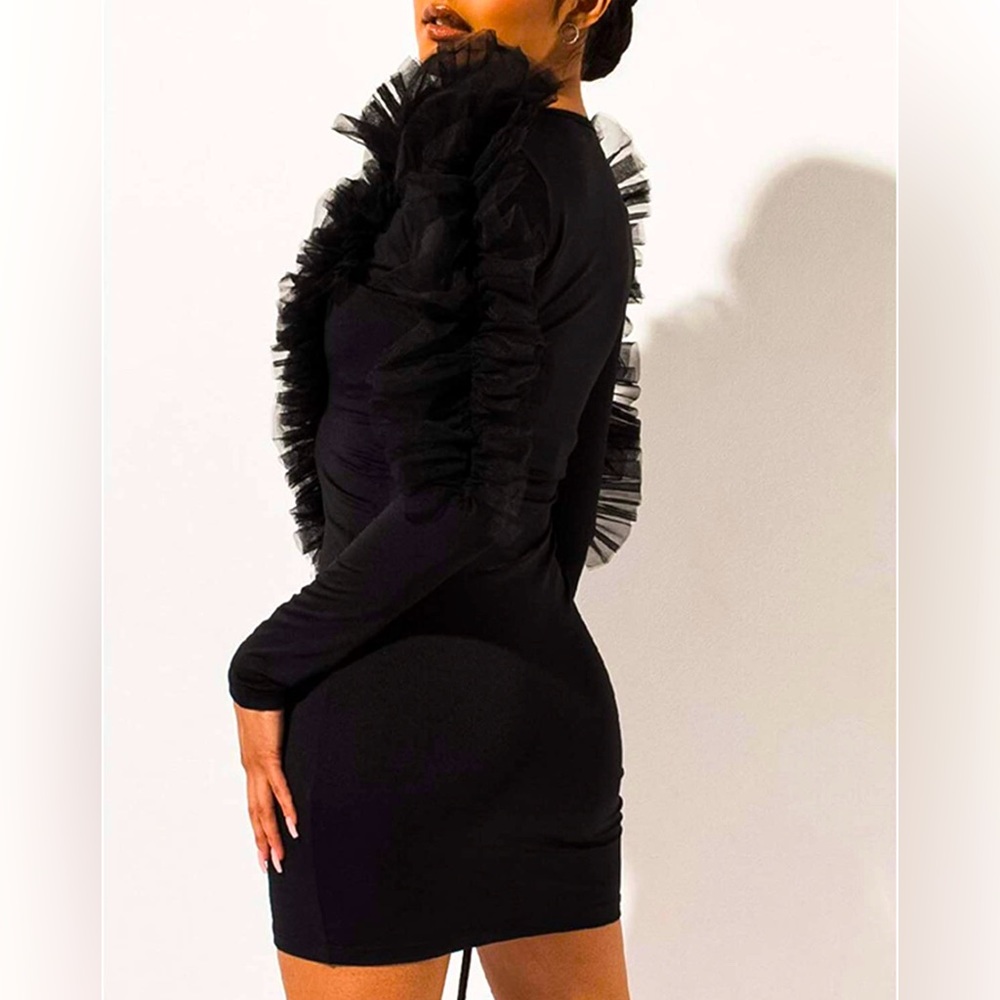 Black Fall V-Neck Business Cocktail Ruffled Sleeves Bodycon Dress size M - Picture 5 of 7